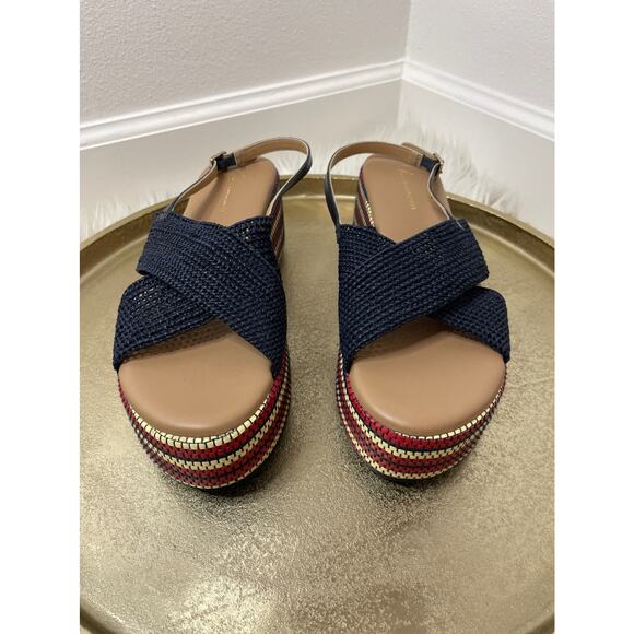 ANTHROPOLOGIE Red, Cream, and Blue Raffia Platform Sandals Size 10 - Picture 3 of 10